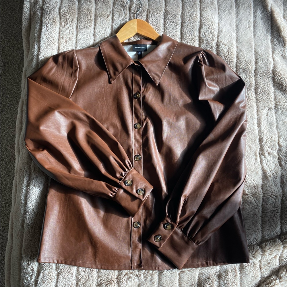 NEW Faux Leather Brown Shacket Blouse